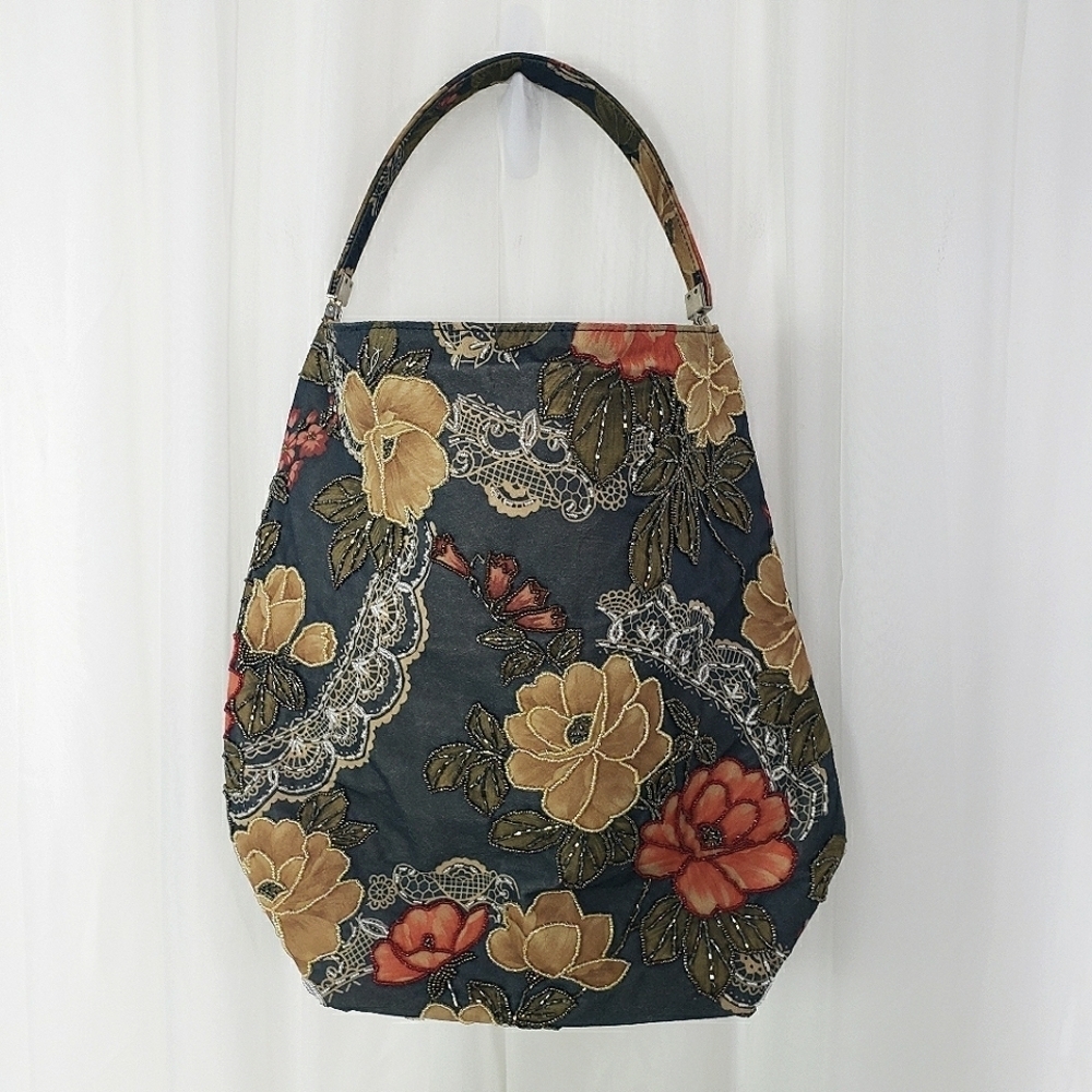 M&W beaded floral tote bag green gold